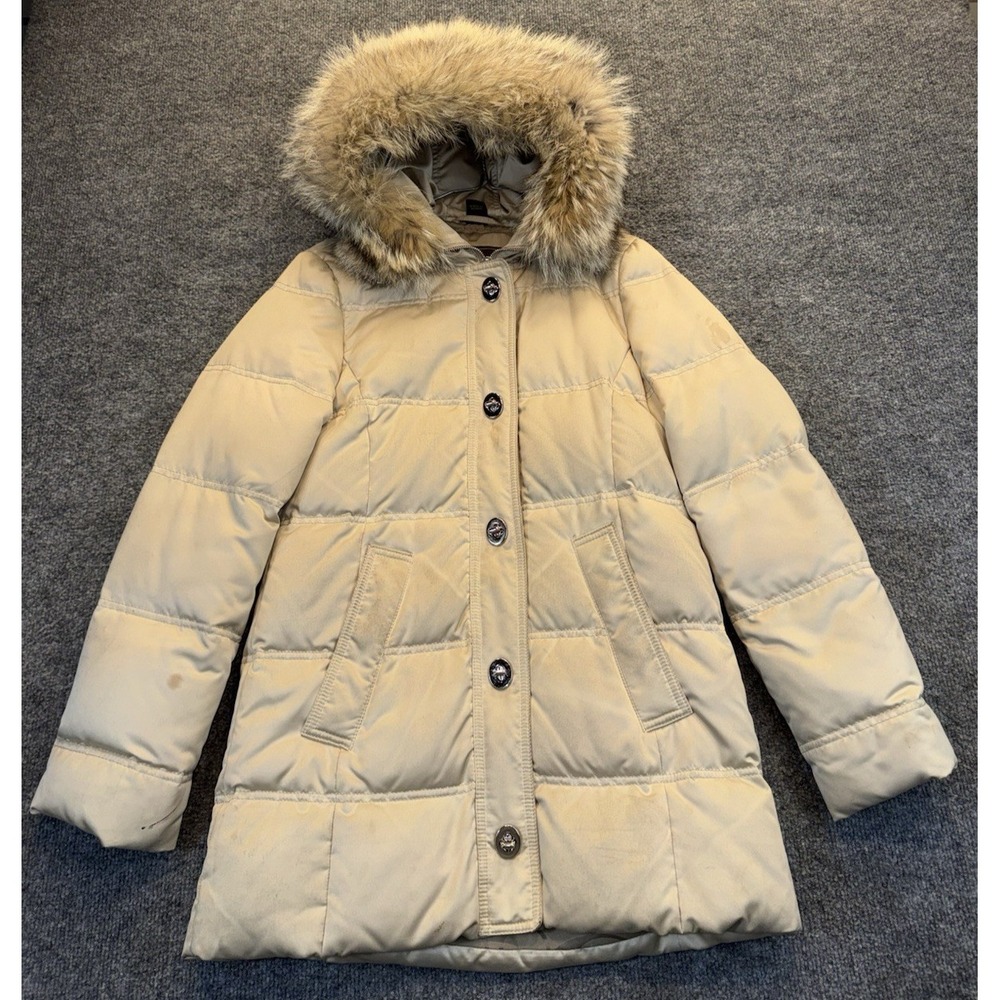 Coach Women's XS Down Puffer Coat Beige Natural Coyote Fur Hood Long Jacket